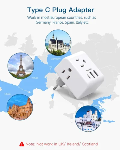 Vista 6 de 1 Paquete Adaptador de Enchufe de Viaje Europeo, Adaptador de Enchufe de Corriente Italia España con 3 Tomas, 3 Puertos de Carga USB (1 USB C)