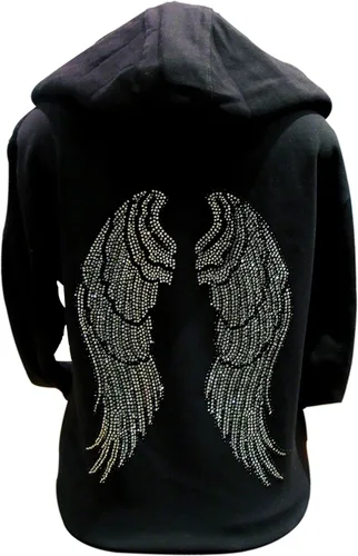 Vista 2 de Plata y Negro Rhinestone alas de ángel manga larga Capucha cierre Suéter Negro