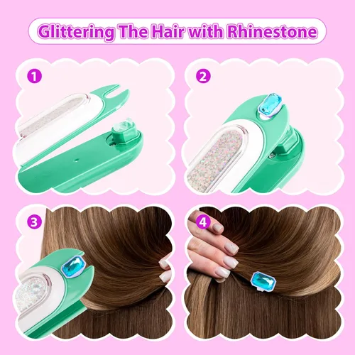 Vista 23 de Kit de sellos de gemas para el cabello, joyas brillantes para el cabello para niñas, herramienta de peinado con diamantes brillantes reutilizables