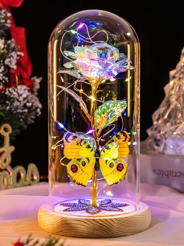 Beferr Regalos de cumpleaños para mujeres, rosa de cristal de galaxia, flores preservadas para siempre, rosa iluminada en cúpula de cristal, regalos