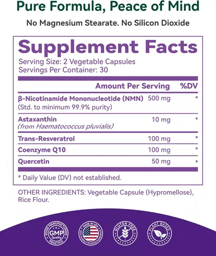 Vista 9 de Inner Brightness Suplemento NMN de 500 mg, 99.9% de alta pureza, soporta niveles de NAD+ y energía celular, fórmula 5 en 1 con resveratrol