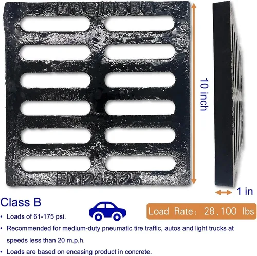 Vista 2 de Rejilla de drenaje de hierro fundido de 10 x 10 pulgadas, cubierta de canal de entrada de alta resistencia, clase B, 28100 libras, rejilla