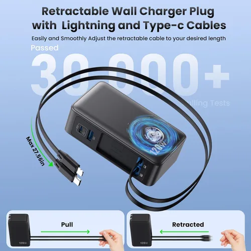 Vista 3 de Bloque de cargador USB C de 120W con 2 cables retráctiles integrados, cargador GaN IV 4 en 1 de carga rápida con enchufe plegable, cargador