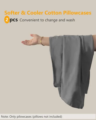 Vista 6 de Juego de 2 fundas de almohada de algodón gris con cremallera oculta, fundas de almohada ultra suaves con ribetes para un fácil cuidado, 600 hilos