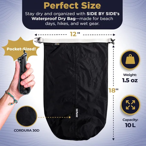 Vista 6 de Bolsa seca pequeña impermeable de 10L para kayak, senderismo, playa y campamento Bolsa lateral ligera y duradera, negra, pequeña, ligera