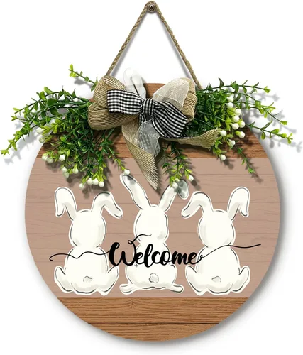 Vista 29 de Bless This Home - Letrero de puerta delantera con corona de bienvenida de granja, letrero redondo de madera con lazo verde para colgar en la pared