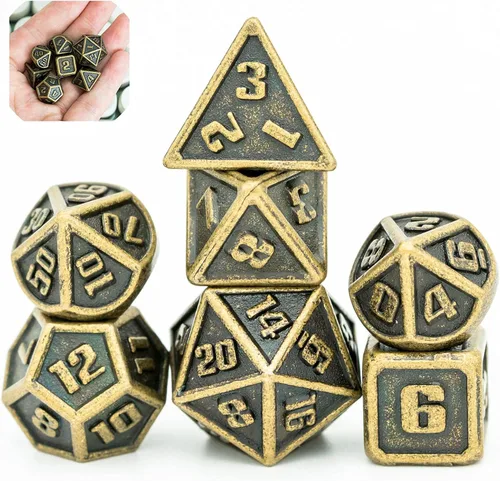 UDIXI Juego de dados de metal mini DND de 10mm, juego de 7 dados poliédricos para juegos de rol D&D (bronce)