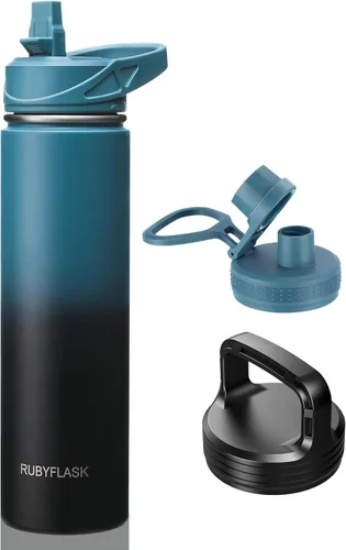 Vista 14 de RUBYFLASK - Botella de agua aislada con pajilla, jarra de agua al vacío de acero inoxidable, 24 onzas, botella con 3 tapas a prueba de fugas