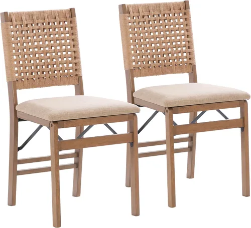 Linon Bennett - Juego de 2 sillas plegables naturales con respaldo de cuerda tejida y asiento tapizado de lino