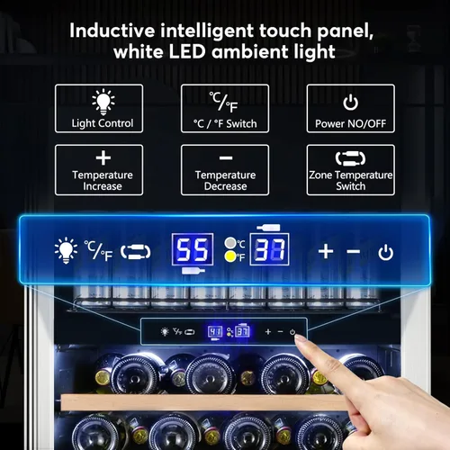 Vista 4 de Tylza Refrigerador de vino de 8 botellas, bodega con puerta de vidrio templado de baja emisión, pantalla táctil LED, cerradura, sin escarcha, sin