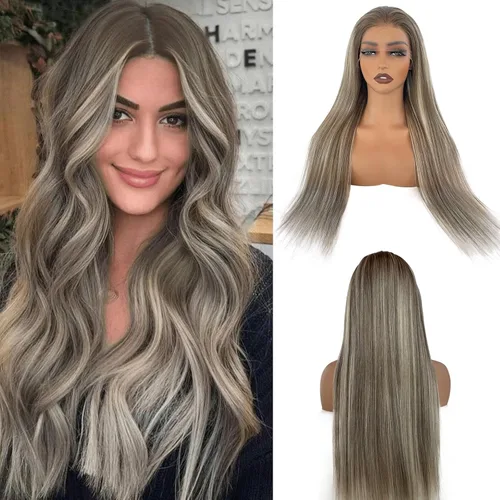 Vista 2 de Pelucas de cabello humano lacio con encaje frontal, color castaño cenizo degradado a rubio 613 con raíces oscuras 13x6 HD, peluca frontal de encaje