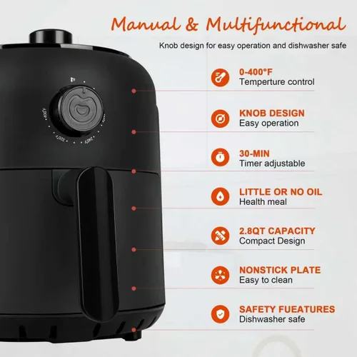 Vista 3 de Mini freidora de aire personal de 2.6 cuartos de galón, control de temperatura y tiempo, cesta antiadherente apta para lavavajillas, cocción rápida