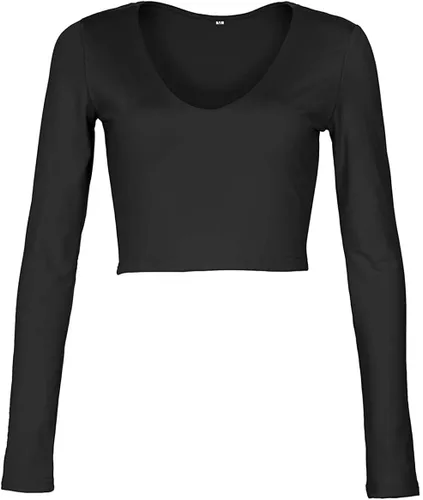 Vista 3 de Artfish Women's Long Sleeve Scoop V Neck Crop Top 04# Cuello en V Negro