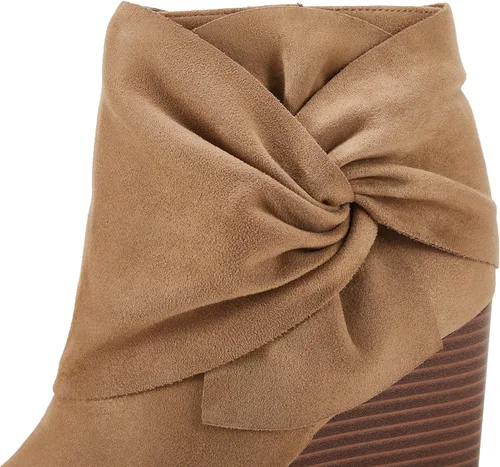 Vista 6 de Fashare Botines de cuña para mujer, tacón de lazo, tacón apilado, zapatos de vestir de invierno, Negro, Café