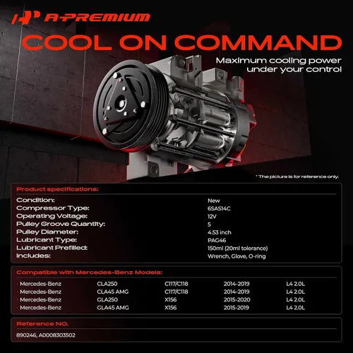 Vista 2 de A-Premium Compresor de A/C con embrague compatible con Mercedes-Benz X156 GLA250 2.0L 2017-2019, GLA45 AMG 2.0L 2017-2019