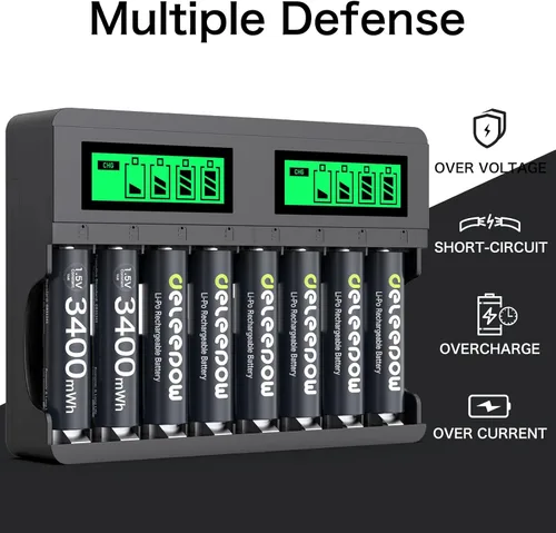 Vista 5 de Deleepow 8 pilas AA recargables de 3400 mWh con cargador, baterías de litio de 1.5 V AA de 1500 ciclos precargados