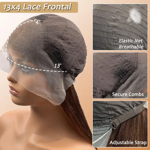 Vista 6 de Peluca de cabello humano lacio con encaje frontal color marrón chocolate, pelucas de cabello humano lacio de 13 x 4 con encaje frontal HD, pelucas