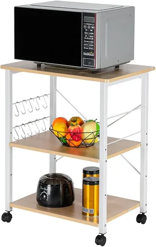 Vista 6 de Estante de cocina para panadero, carrito de microondas, carrito de cocina rodante de 3 niveles con ruedas, carrito de café con estante