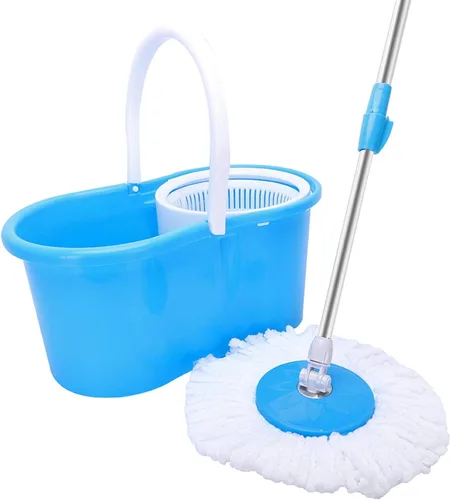 Sistema de limpieza de piso de fregona, cabezal giratorio de 360 grados, ultratrapeador elástico, juego de cubos, azul, cabezal de microfibra, mango