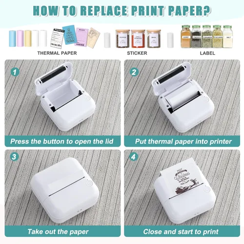 Vista 7 de Mini impresora de calcomanías, impresora térmica sin tinta con 10 rollos de papel térmico y calcomanías para iOS y Android, mini impresora portátil