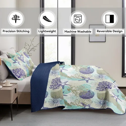 Vista 3 de Tritard Juego de edredón costero de 3 piezas tamaño King, edredones reversibles de microfibra con 2 fundas de almohada, ropa de cama de playa suave