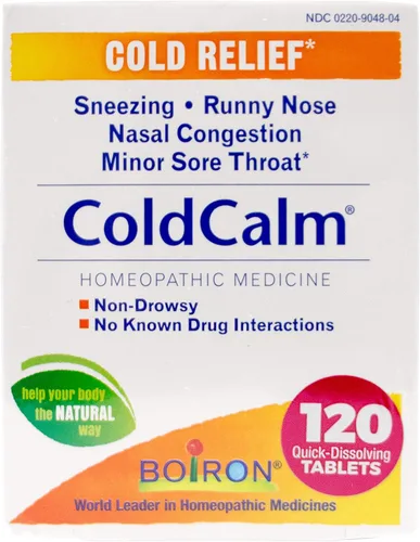 Boiron Tabletas ColdCalm para aliviar los síntomas comunes del resfriado como estornudos, secreción nasal, dolor de garganta y congestión nasal, sin