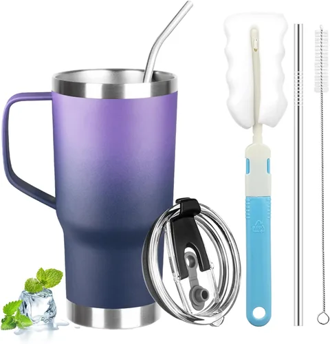 Vista 9 de Vaso de 20 onzas con asa, vaso aislado de acero inoxidable con tapa y pajilla, taza de café aislada al vacío de doble pared, taza térmica de café