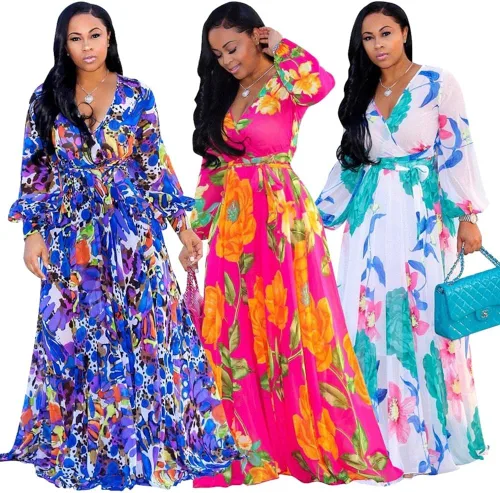 Vista 5 de Nuofengkudu - Maxivestido de chifón estampado y a rayas con cuello en V profundo para mujer vestido de corte holgado estilo bohemio de verano