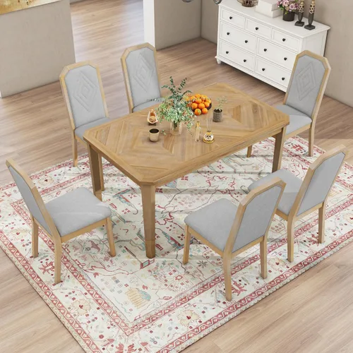 Vista 14 de Juego de mesa de comedor de granja de 6 piezas, mesa rectangular con caballete y 4 sillas y banco tapizados, juego de desayuno de madera maciza