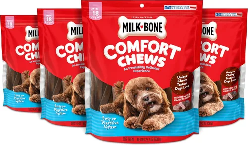 Milk-Bone Mini Comfort Chews, golosinas sin piel para perros con textura masticable única y carne de vacuno real, 18 mini golosinas (paquete de 4)