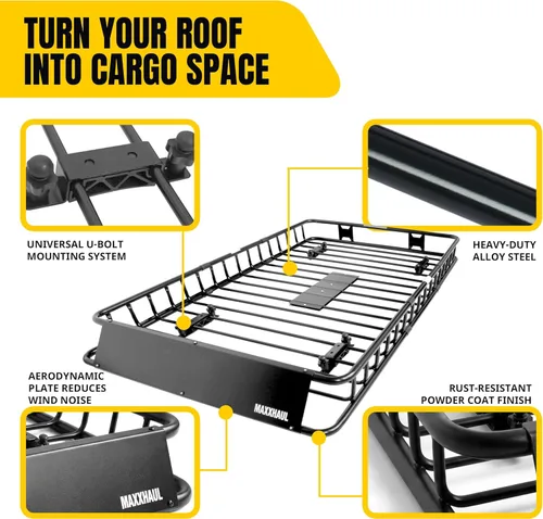 Vista 4 de MAXXHAUL 50506, soporte para techo universal de acero de alta resistencia, 64" x 39" x 6", color negro