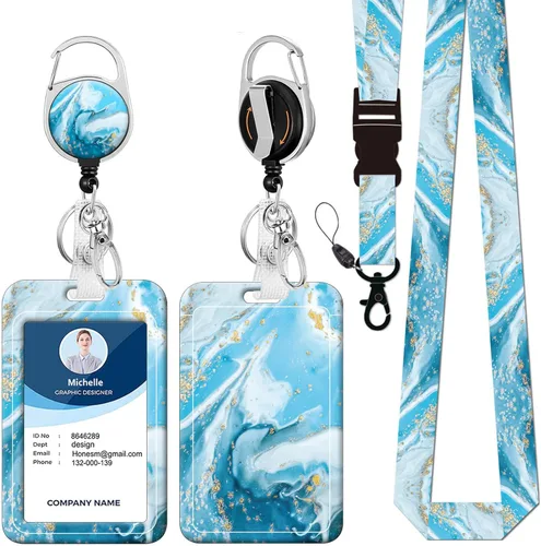 Vista 20 de Soporte para tarjetas de identificación con cordón, carrete retráctil con clip giratorio para cinturón, llavero y cordones desmontables, carretes