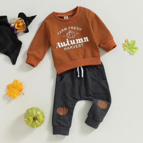 Vista 3 de Kaipiclos Ropa de otoño para bebé, ropa de Navidad, sudadera de manga larga con calabaza, pantalones, traje de invierno de 2 piezas