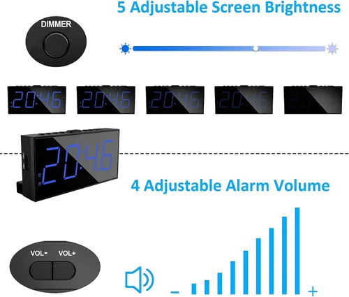 Vista 6 de Mesqool Reloj despertador digital dual para dormitorios, pantalla grande, reloj eléctrico con cargador USB, batería de respaldo, atenuador, 4