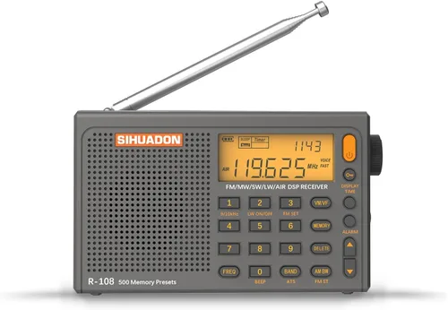 SIHUADON R-108 Radio portátil AM FM SW LW Airband, pequeña radio de emergencia retro digital funciona con pilas, 5 W, altavoz con alarma para