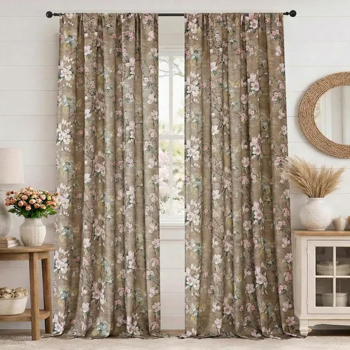 Simplebrand Cortinas florales color gris pardo de 96 pulgadas de largo, 2 paneles de lino sintético texturizado, cortinas y cortinas de casa de