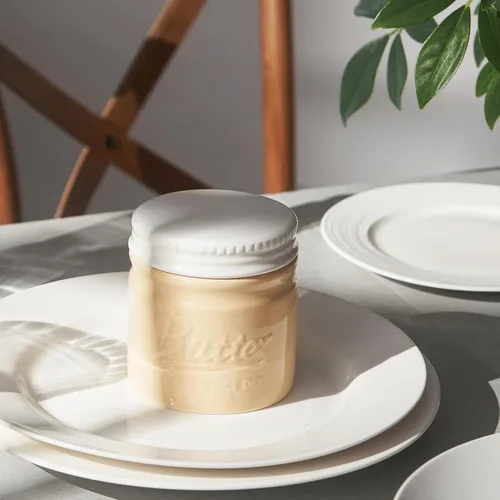Vista 8 de DOWAN Mantequillera, mantequilla francesa con tapa para mantequilla suave untable, manteca de porcelana con línea de flotación para mostrador, Beige