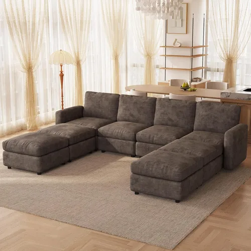 Vista 23 de Guyii Sofá modular de terciopelo, moderno sofá de 4 plazas de gran tamaño con 3 almohadas y reposapiés de almacenamiento, sofá convertible de 115.74