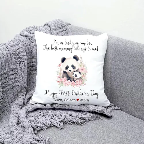Vista 3 de Funda de almohada personalizada para el primer día de la madre, diseño de panda con niños, funda de almohada personalizada para el día de la madre