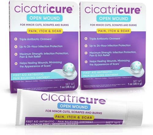 Vista 10 de Cicatricure Pomada antibiótica triple con alivio del dolor, ungüento antibiótico de bacitracina y crema para el cuidado de heridas, ungüento