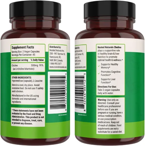 Vista 9 de Nested Naturals Bitartrato de colina de 500 mg - Suplementos de colina de alta potencia - Apoya el rendimiento cognitivo y la función hepática