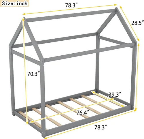 Bellemave Cama de Piso Montessori Tamaño Individual, Marco de Cama de Casa, Camas de Piso Individuales con Techo, Gris con Casa