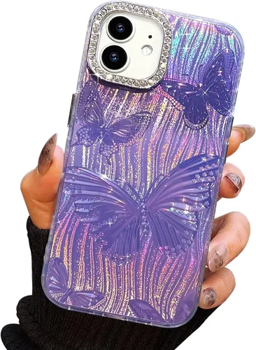 Vista 442 de I-MGAE-IN-AR - Funda diseñada para iPhone 12 y 12 Pro, diseño de mariposa plateada brillante, funda protectora de poliuretano termoplástico, suave