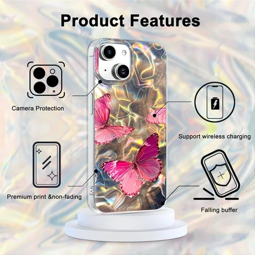 Vista 680 de I-MGAE-IN-AR - Funda diseñada para iPhone 12 y 12 Pro, diseño de mariposa plateada brillante, funda protectora de poliuretano termoplástico, suave