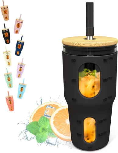 Tronco Vaso de 32 onzas con popote y tapa, vaso de vidrio reutilizable con marcador de tiempo, funda de silicona, se adapta a portavasos y sin BPA