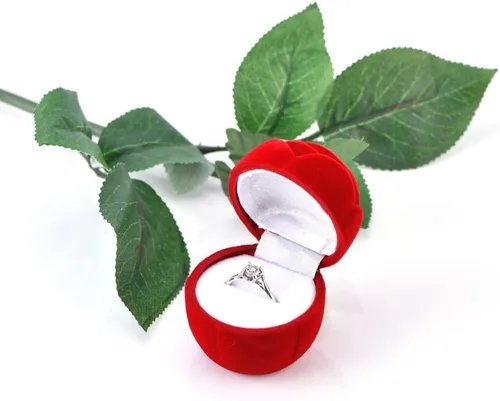 Vista 7 de TOPINCN Caja de anillo de rosa roja, caja de anillo de compromiso de rosas con forma de rosa roja, caja de joyería romántica para propuesta, soporte