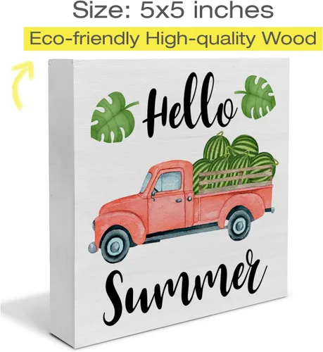 Vista 2 de Letrero de madera con texto en inglés «Hello Summer» de sandía, caja de madera para camión, bloques artísticos, decoración de escritorio, letreros