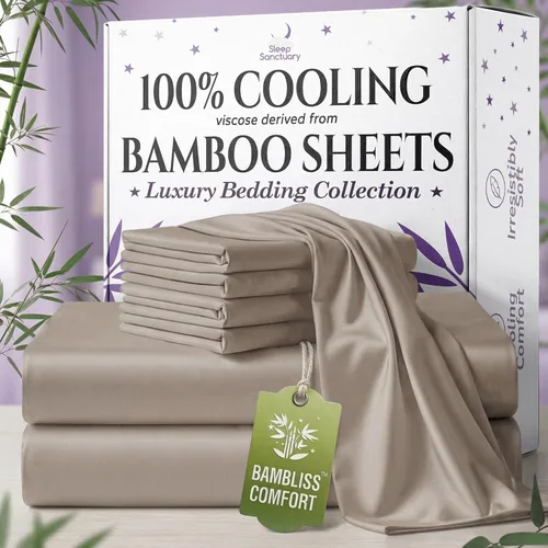 Vista 27 de SLEEP SANCTUARY 100% viscosa orgánica derivada de sábanas de bambú, tamaño individual, 4 piezas, ultra suave y refrescante, bolsillo profundo de 17