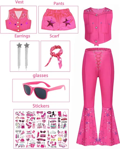 Vista 2 de Disfraz de vaquera para niñas, disfraz de discoteca hippie de los años 70 y 80, disfraz de Halloween, uniforme rosa
