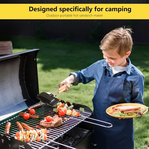 Vista 6 de Mango largo portátil – Sandwichera caliente – Ideal para acampar al aire libre, sándwich de fogata y hobo, sartén para desayuno